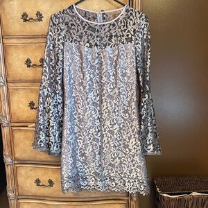 White House Black Market Gray Lace Long Sleeve Dress